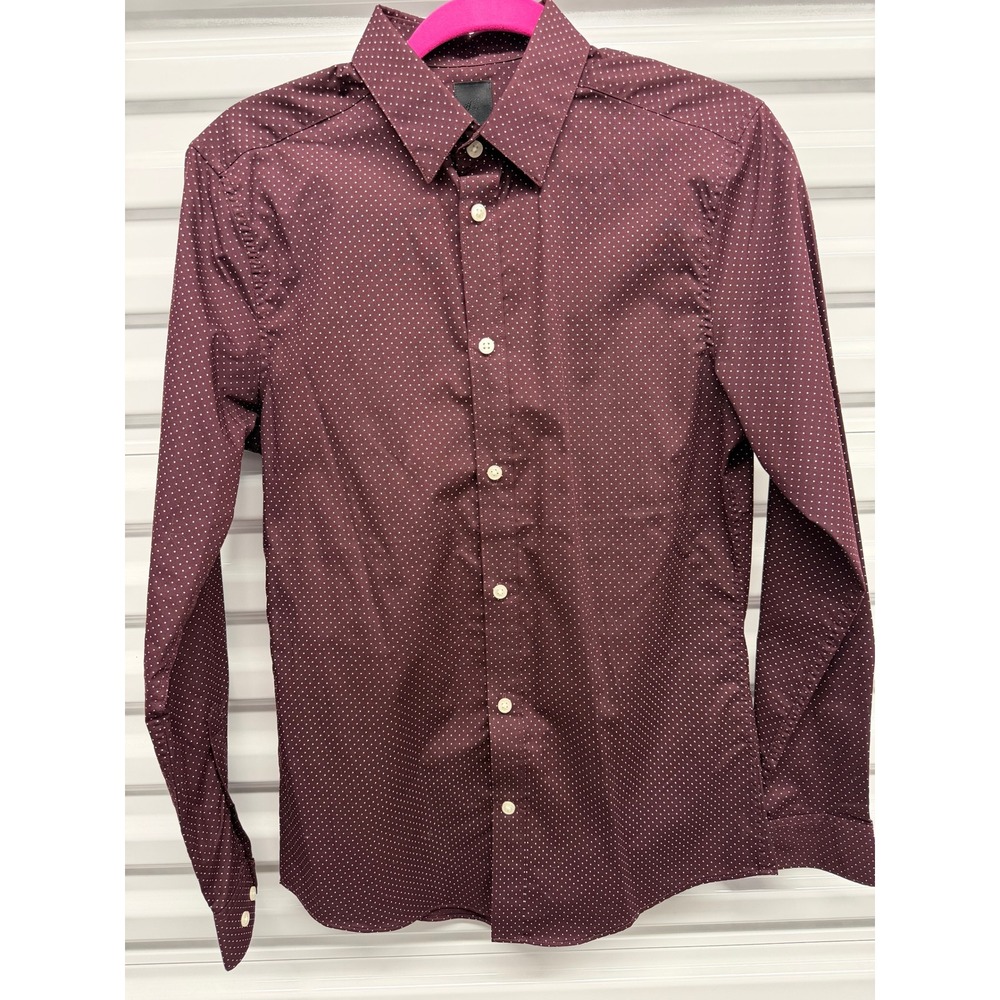 HM Mens Slim Fit Easy Iron Button Down Shirt Burgundy Polka Dot S Long Sleeve